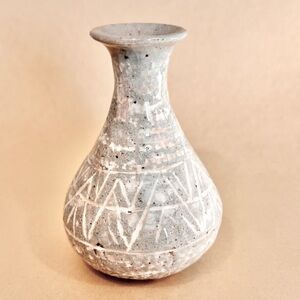 Vintage Japanese Gray Pottery Mini Vase 6.5in Geometric Pattern Glossy Signed